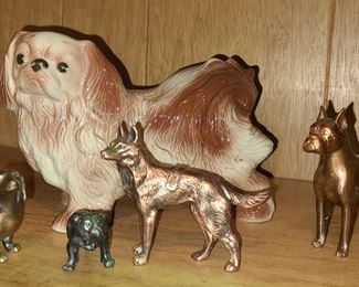Porcelain Pekinese, copper wash dachsund, boxer & shepherd figurines