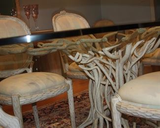 unique glass-top tree root dining table with 8-chairs