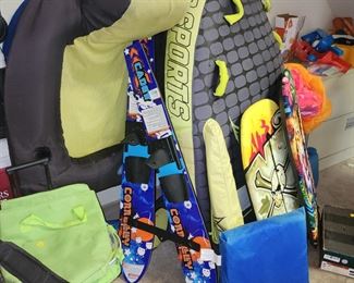 Lake items including skis, floats, and life jackets