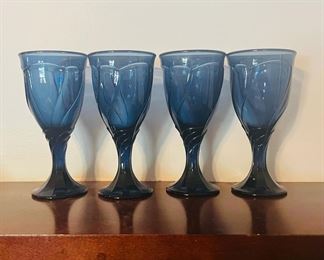 4 Vintage Noritake Japan Sweet Swirl Dark Blue 7 3/8" Water Wine Goblets $26