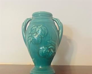 Vtg Shawnee USA Green Pottery Vase Embossed Flowers $14