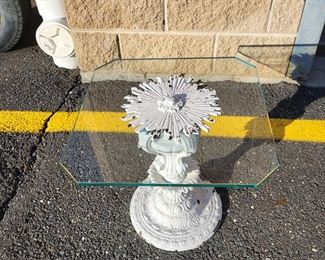#8 - $35.00 Toms River - Outdoor glass top table with cast metal base 17" square, peeling paint