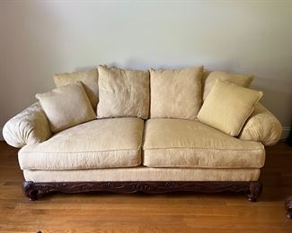 Sofa and Loveseat.  Traditional style, pillow back sofa and loveseat with rolled arms in a soft maize colored upholstery.  Beautiful carved wood base.  Deep seats. Rarely used. Smoke-free and pet-free home.
Price:  $750