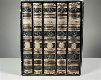 (5PC) L’ART DE LA CUISINE FRANCHISE | (5pc) CARÊME: CUISINE FRANCAIS: L'art de La cuisine française au dix-neuvième siècle, par Antonin Carême, facsimile of 1847 printing, in five volumes, fully bound in gilt tooled leather, with marbled page edges and in a boxed case. Dimensions: l. 8 x w. 6 x h. 9.5 in (case)