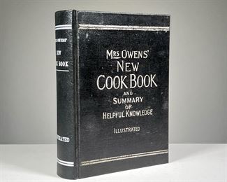 [SIGNED] MRS. OWENS' COOK BOOK | Mrs. Owens' New Cook Book and Summary of Helpful Knowledge by Mrs. Frances E. Owens, inscribed/signed by the author on the presentation page, 1899 edition. 
Dimensions: w. 7.5 x h. 9.75 in