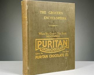 THE GROCER’S ENCYCLOPEDIA | Artemis Ward, 1911 Gilt linen binding with puritan cocoa and chocolate advertisement and with many color plate illustrations. 
