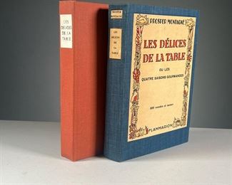 (2PC) LES DELICES DE LA TABLE | Two copies of the 1931 edition of Les Delices de la Table ou Les Quartre Saisons Gourmandes by Prosper Montagne, ed. Flammarion, one in blue binding with cover decoration, the other in red binding with plain cover