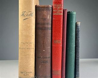 (6PC) MISC. COOKBOOKS | Including:
The Table by Alessandro Filippini, 1889, revised edition
The Housekeeper Cook Book, 1894, pub. Minneapolis
Williamson's Cookery: The Practice of Cookery and Pastry by Williamson & Son, 1871, 10th ed.
The Bottlers' Formulary by Goerge S. Morris, pub. the Morris Chemical Co., Kansas City, 1910
Manuals of Health Food by Albert J. Bernays, c. late 19th century, pub. London
Heller's Secrets of Meat Curing and Sausage Making, 1929. 