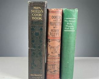 (3PC) AMERICAN COOKBOOKS | Including:
Mrs. Norton's Rocky Mountain Cook Book for High Altitude Cooking by Caroline Trask Norton, 1903, in green binding
Mrs. Seely's Cook Book by Mrs. L. Seely, 1902, pub. New york: The Macmillan Company
Cookery and Housekeeping by Mrs. Henry Reeve, 1882, in illustrated binding