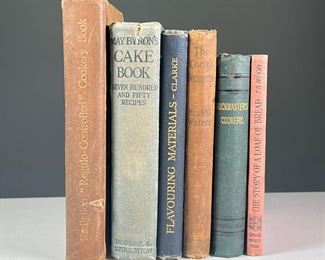 (6PC) ENGLISH COOKBOOKS | Including:
The Story of a Loaf of Bread by T.B. Wood, 1913
May Byron's Cake Book, 1923
Flavouring Materials Natural and Synthetic by A. Clarke, London, 1922
Radiation Cookrey Book, 19th edition, 1936
The Cook's Decameron: A Study in Taste by Mrs. W. G. Waters, 1901
Buckmaster's Cookery, 1876, London, with tipped in inscription