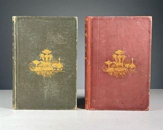 (2PC) PRACTICAL COOKING & DINNER GIVING | Two copies of Practical Cooking and Dinner Giving by Mrs. Mary F. Henderson, pub. 1880, one in green binding, the other in red, both with gilt tooled spines and covers