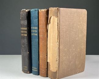 (4PC) MRS. BEECHER'S BOOKS | Including:
Miss Beecher's Domestic Receipt Book, 1848, 3rd ed., New York: Harper & Brothers, in blue binding
A copy of the same, 1851, 3rd ed., New York: Harper & Brothers, in brown binding
A Treatise on Domestic Economy by Miss Catherine E. Beecher, 1841, Boston: Marsh, Capen, Lyon, and Webb
A Treatise on Domestic Economy by Miss Catherine E. Beecher, 1852, New York: Harper & Brothers