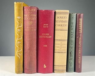 (6PC) ASSORTED COOKBOOKS | 19th and 20th century bindings, including:
A Guide to Modern Cookery by Mary Harrison, 1929, J.M. Dent & Sons
Favorite Dishes: A Columbian Autograph Souvenir, compiled by Carrie V. Shuman, Chicago, 1893
John Nott Cooks and Confectioners Dictionary, facsimile copy of the 1726 volume, pub. 1980, no. 117 of 200 limited copies
Soyer's Standard Cookery by Nicolas Soyer, 1912
A Book of Salads by Alfred Suzanne and C. Herman Senn (The Art of Salad Dressing), n.d., 4th ed.
300 Recettes de Cuisine pour Rotisseuse-Patissiere La Cornue by Henri Paul Pellaprat, 1933