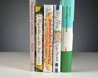 (4PC) MODERN COOKBOOKS | Contemporary and colorful cookbooks, including Chez Nous by Lydie Marshall; Backyard Bistros, Farmhouse Fare by Jane Sigal; Moosewood Cookbook by Katzen; and Vegetables on the Side by Sallie Y. Williams
