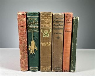 (6PC) AMERICAN COOKBOOKS | 19th and early 20th century including: The Improved Housewife or Book of Receipts; with Engravings for Marketing and Carving by Mrs. A. L. Webster, 1856, Boston
The Dinner Year-Book by Marion Harland, 1878, New York, in an illustrated and gilt tooled binding
Home Cookery Third Edition, Collection of Tried Recipes from Many Households selected by the Ladies of the Newton Universalist Church, 1899, Newton, MA
Food and Cookery for the Sick and Convalescent by Fannie Merrit Farmer, 1905, Boston, with illustrated binding
A copy of the same, revised, with additions, 1917, Boston
What to Eat and How to Prepare It by Elizabeth A. Monaghan, 1922, New York