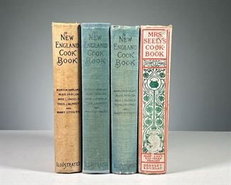 (4PC) AMERICAN COOKBOOKS | Including:
Mrs. Seely's Cook Book: A Manual of French and American Cookery by Mrs. L. Seely, 1908, New York, Grosset & Dunlap, with highly illustrated binding
Three copies of The New England Cook Book: The Latest and the Best Methods for Economy and Luxury at Home, 1905, The Chas. E. Brown Publishing Co., including two copies in blue binding and one copy in beige