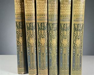 (6PC) THE MODERN BAKER CONFECTIONER & CATERER | John Kirkland, THE GRESHAM PUBLISHING COMPANY THIRTY.FOUR SOUTHAMPTON STREET STRAND LONDON 1909 In six volumes with art deco, decorated green linen bindings