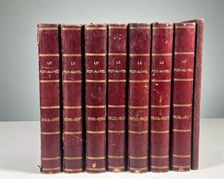 (8PC) [LEATHER] LE POT-AU-FEU | 7 matching half leather bound volumes of the periodical, each with multiple years, complete from 1894-1907, plus a similar linen bound index