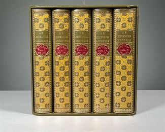 (5PC) LE CUISINIER MODERNE | Le Cuisinier Moderne by Vincent la Chapelle, in five volumes; qui apprend à donner toutes fortes DE REPAS... divise en cinq volumes, second edition, 1742, rebound in fancy gilt tooled leather binding
Dimensions: l. 7.75 x h. 8 in