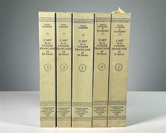 (5PC) L'ART DE LA CUISINE FRANCAISE | 1981 facsimile printing of the 1847 edition of l'Art de La Cuisine Francaise au Dix-Neuvieme Siecle by Antonin Careme, in five volumes, with blue paperback binding.