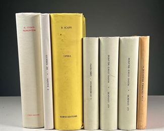 (7PC) ITALIAN BOOKS | Hardcover facsimile / reprints of old Italian books, Arnaldo Forni editore, including: Il Cuoco Piemontese, 1979 reprint of the 1832 edition
De' Sorbetti by Filippo Baldini, 1979 reprint of the 1784 edition
Opera Dell'Arte del Cucinare by Bartolomeo Scappi, 1981 reprint of 1570 edition
Libro o Novo by Christofaro di Messibugo, 1982 facsimile of 1557 edition
La Cuciniera Piemontese, 1980 facsimile of 1798 edition
Nuovo Cuoco Milanese by Giovanni Felice Luraschi, 1980 facsimile of 1853 edition [two copies]