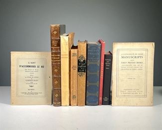 (10PC) MISC. BINDINGS | Including: Academie de Paris Lycee Carnot, 1929
L'Art d'Accommoder le Riz edite par les Ecoles de Cuisine du "Cordon Bleu", n.d.
A Catalogue of Some Manuscripts and Early Printed Books... from the Collection of Andre L. Simon, 1931
Buckskin and Blanket Days by Thomas Henry Tibbles, 1985
Londres Hollywood Paris by Maurice Chevalier, 1948
The Roquefort Adventure by Henri Pourrat, 1956
Collection of Ancient and Modern British Authors vol. CCCXII (The Book Without a Name)
Villon Ballades French and English, n.d.
The Bounty Trilogy by Charles Nordhoff and James Norman Hall, the Wyeth Edition, 1940
Le Roquefort by E. Marre, 1906