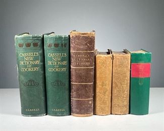 (6PC) ENGLISH LANGUAGE COOKERY BOOKS | Including; Three Volumes of Cassell's New Dictionary of Cookery - two 1910 editions in linen and one undated edition with color engravings in half leather
Three volumes of Modern Cookery (Acton), 1860, 1863, and 1868 editions