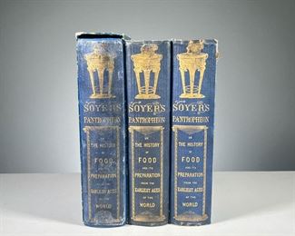 (3PC) SOYER'S PANTROPHEON | Three copies of The Pantropheon or, History of Food and its Preparation from the Earliest Ages of the World by A. Soyer, 1853, London, all in gilt tooled blue binding, one with a marbled slip cover. 