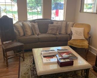 The dark green couch measures 90". The 2 chairs to the left and right have so much personality!!!!