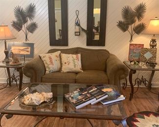Loveseat measuring 70" x 40". The matching end tables and coffee table have a matching sofa table that is in another picture. End tables measure 27" x 27" 24" x H. Coffee table is 52" W x36" D x24" H