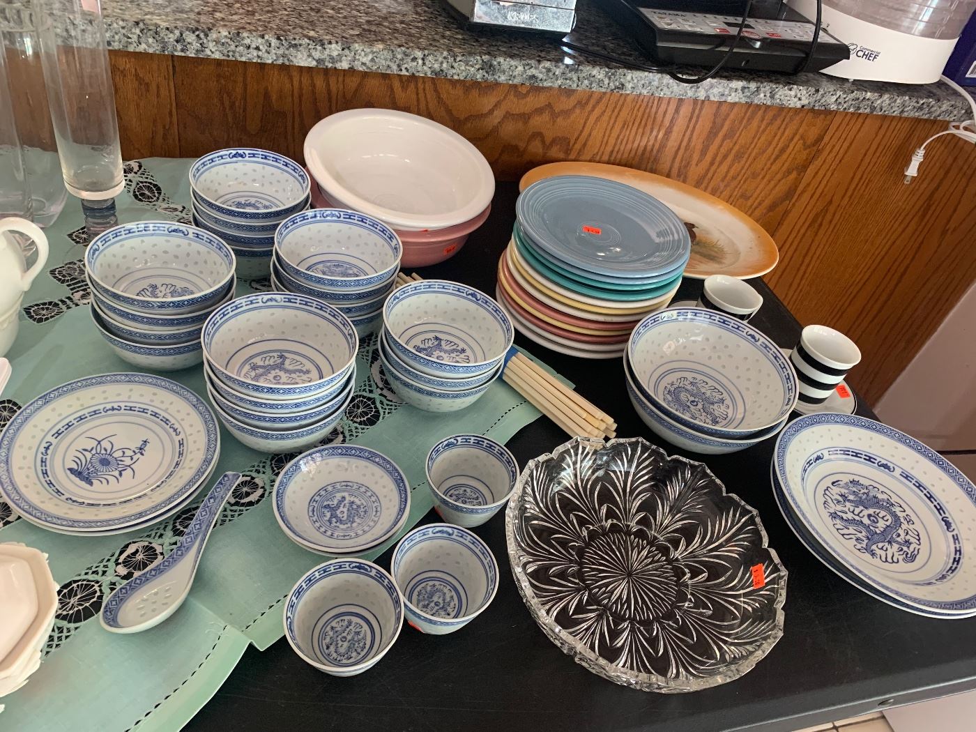 Blue and White Asian China, Fiesta Ware, Glass Serving Bowl