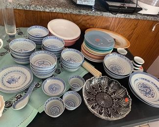 Blue and White Asian Dragon and Flower Dishes, Fiesta Ware Bowls and Plates