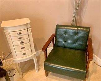 Vintage green leather side chair, jewelry cabinet