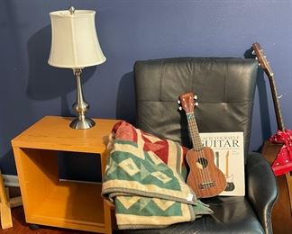 Black leather swivel chair, Lamps