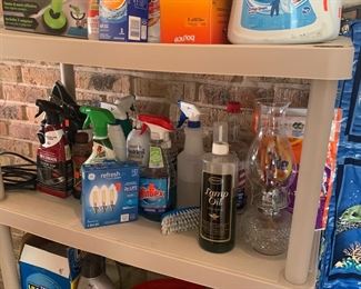 Plastic shelving and cleaning supplies