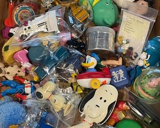 Variety of smaller toys, Peanuts, Hotwheels, Matchbox, Disney