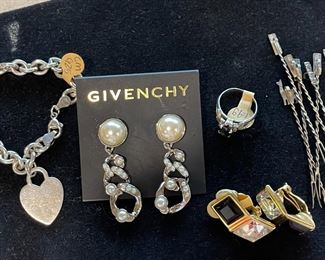 Silver 925 Bracelet, Givenchy Earrings, Sterling Olive Picks, Silver Ring Blue Stone