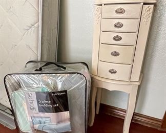 Full Queen Blue Bed Set, Tall Jewelry Chest