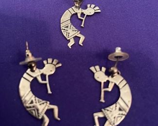 Native American, Calvin Begay, TSF, sterling Kokopelli earrings and pendant