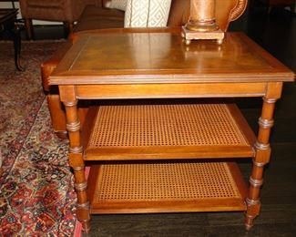 Ethan Allan side table with turned legs and French cane shelf