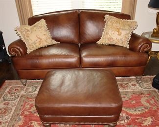 Ethan Allen studded leather sofa & ottoman