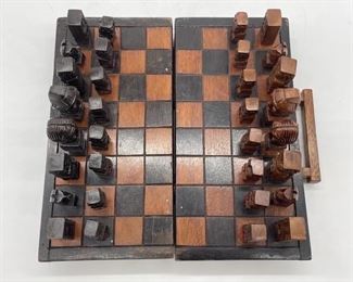Wooden Folding Chess Set w/ Carved Incan Pieces