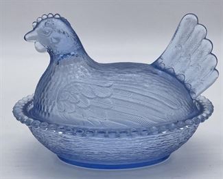 Pale Blue Pressed Glass Vintage Hen on Nest