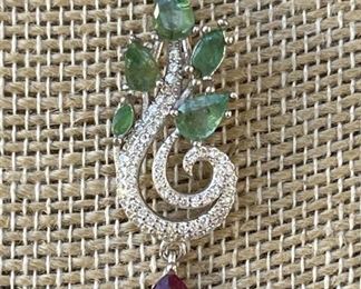 Sterling Silver Necklace w/ Emerald & Ruby