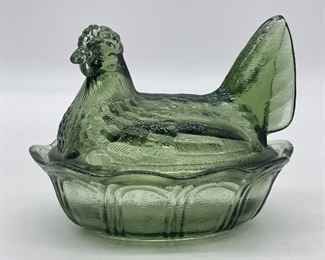 Vintage Olive Green Glass Hen on Nest