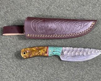 Damascus Steel Knife with Leather Sheath