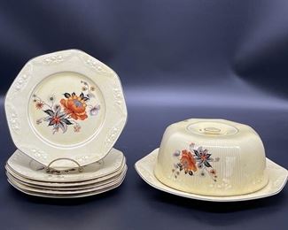 Vtg. China: Domed Cake Plate & 6 Dinner Plates