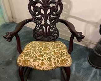 Charming Antique Rocking Chair With Lion Head Arms