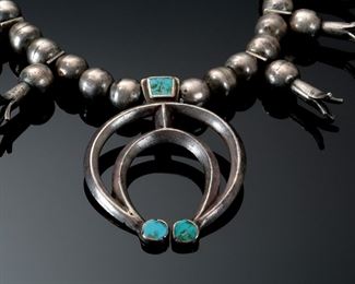 Circa 1885 Navajo Silver & Turquoise Squash Blossom Necklace Native American First Phase 	425001	Length: 25in<BR>Naja 3inH  x 2.3in W 