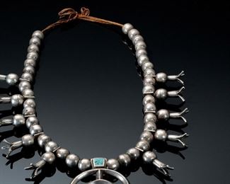 Circa 1885 Navajo Silver & Turquoise Squash Blossom Necklace Native American First Phase 	425001	Length: 25in<BR>Naja 3inH  x 2.3in W 
